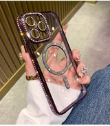 New Fashion Glitter Diamond Transparent Case For iPhone 16 15 14 13 17 12 Pro Max 16 Plus Magnetic Wireless Charge Bumper Cover