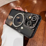 New Fashion Glitter Diamond Transparent Case For iPhone 16 15 14 13 17 12 Pro Max 16 Plus Magnetic Wireless Charge Bumper Cover