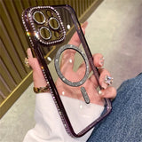 New Fashion Glitter Diamond Transparent Case For iPhone 16 15 14 13 17 12 Pro Max 16 Plus Magnetic Wireless Charge Bumper Cover