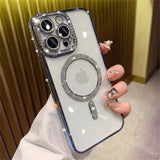 New Fashion Glitter Diamond Transparent Case For iPhone 16 15 14 13 17 12 Pro Max 16 Plus Magnetic Wireless Charge Bumper Cover